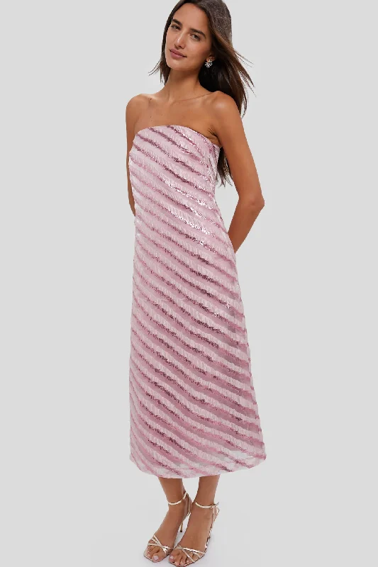 Soft Pink Shimmer Stripes Mila Strapless Midi Dress