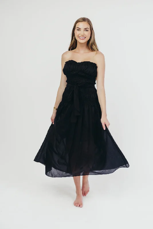 Devin Strapless Midi Dress with Sash in Black