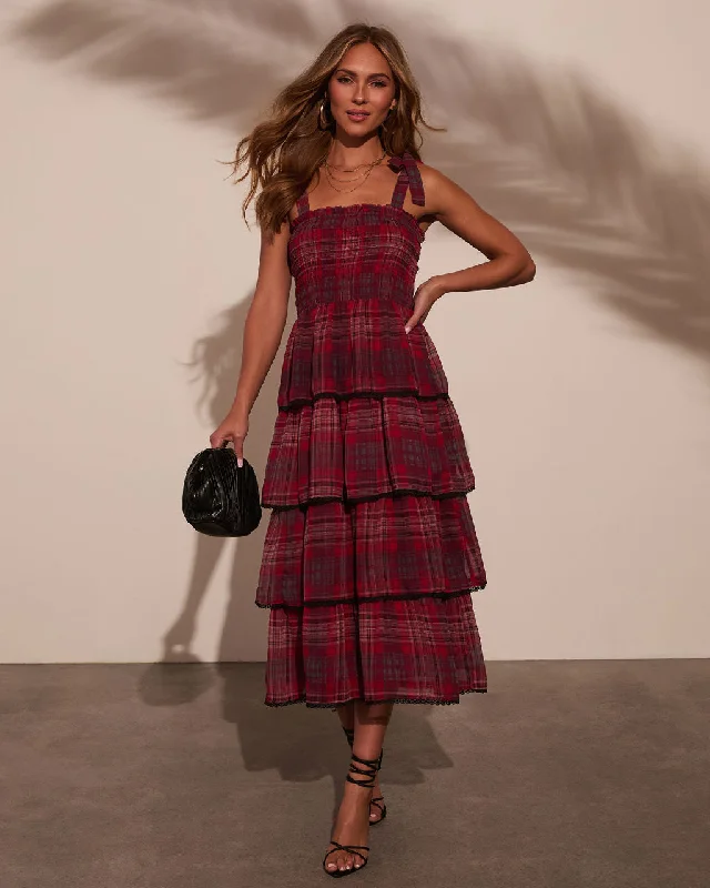 Sway With Me Tiered Plaid Midi Dress