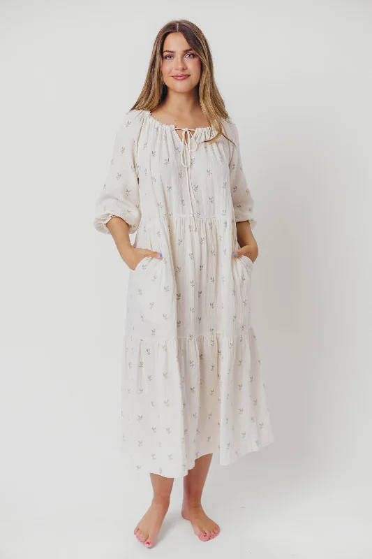 Avery Tiered Linen-Blend Midi Dress in Soy/Sage Foliage - Bump Friendly and Inclusive Sizing