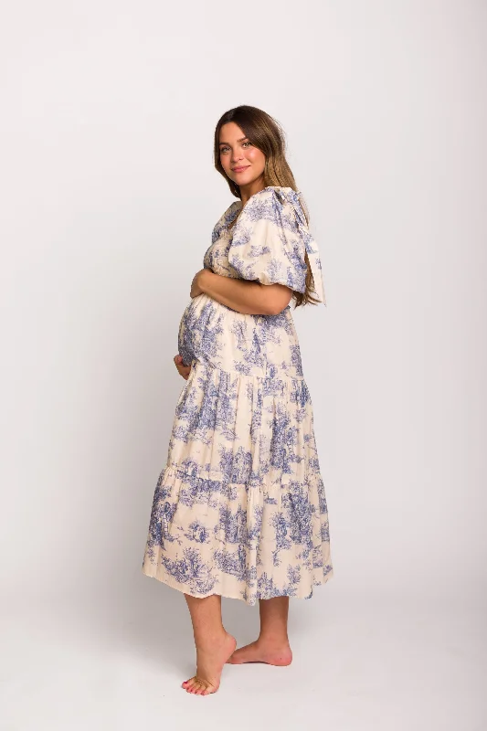 Elena 100% Cotton Toile Print Smocked Midi Dress in Blue - Bump Friendly