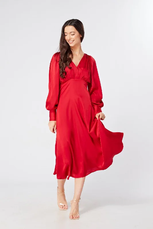 Valentia Scarlet Red Luxury Matt Satin Midi Dress With Long Sleeves