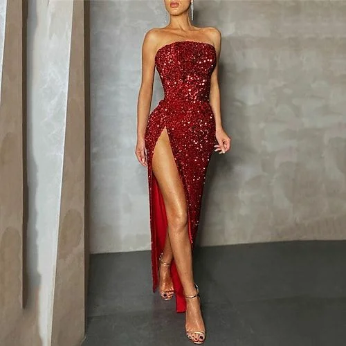 Women's Christmas Party Dress Sequin Dress Maxi long Dress Red Sleeveless Lace Prom Dresses      S1589