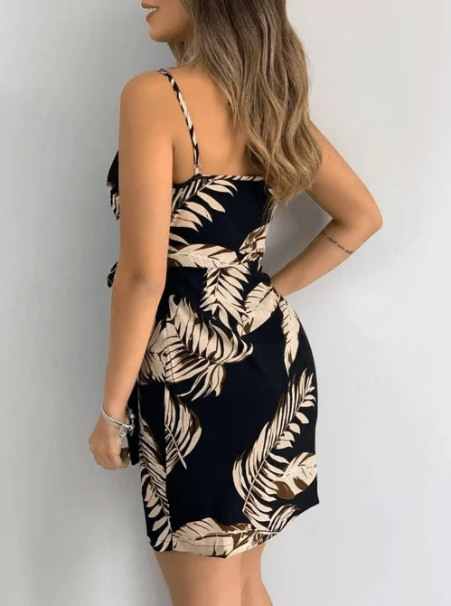 Black Leaf Print Wrap Dress