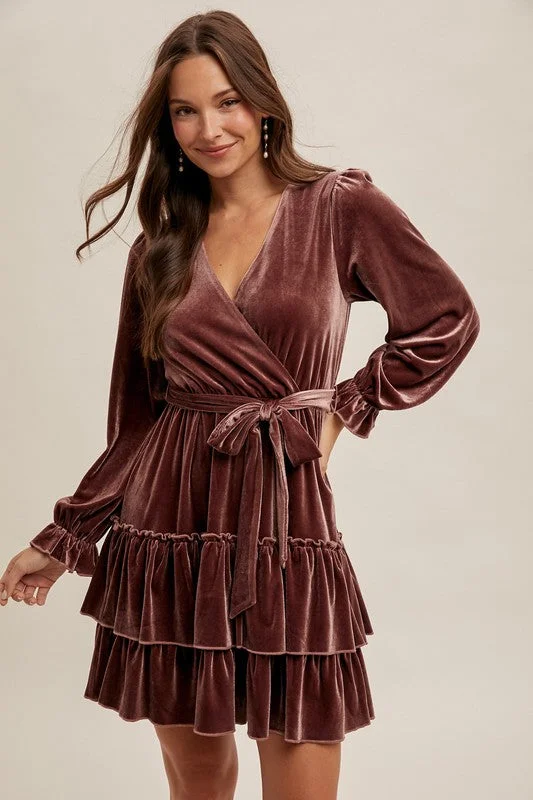 IZZY VELVET SURPLICE LONG SLEEVE RUFFLED DRESS