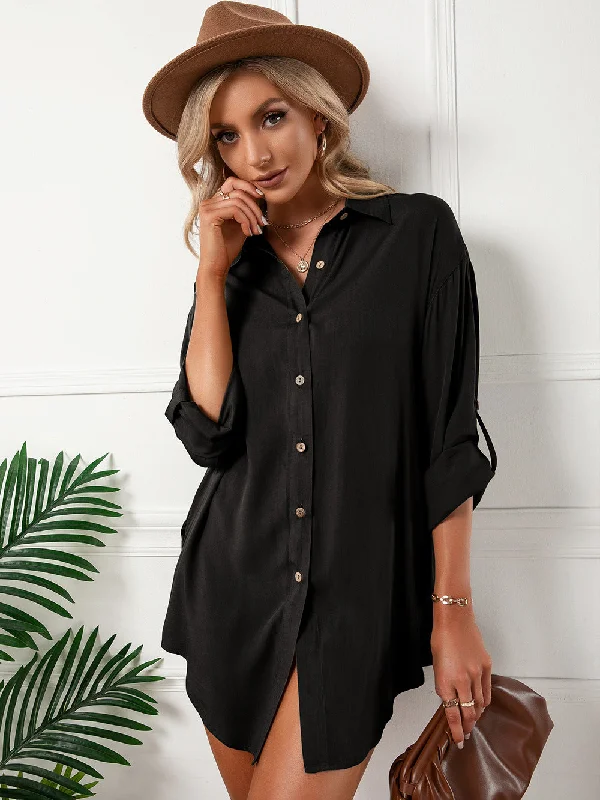 Jeanette Button Down Tunic Top - Black