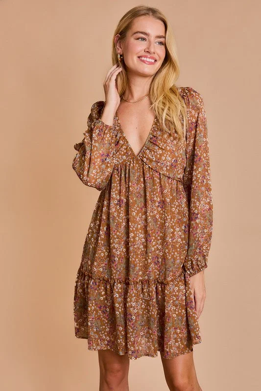 LINDSEY LONG SLEEVE V-NECK SHIRRING FLORAL PRINT DRESS