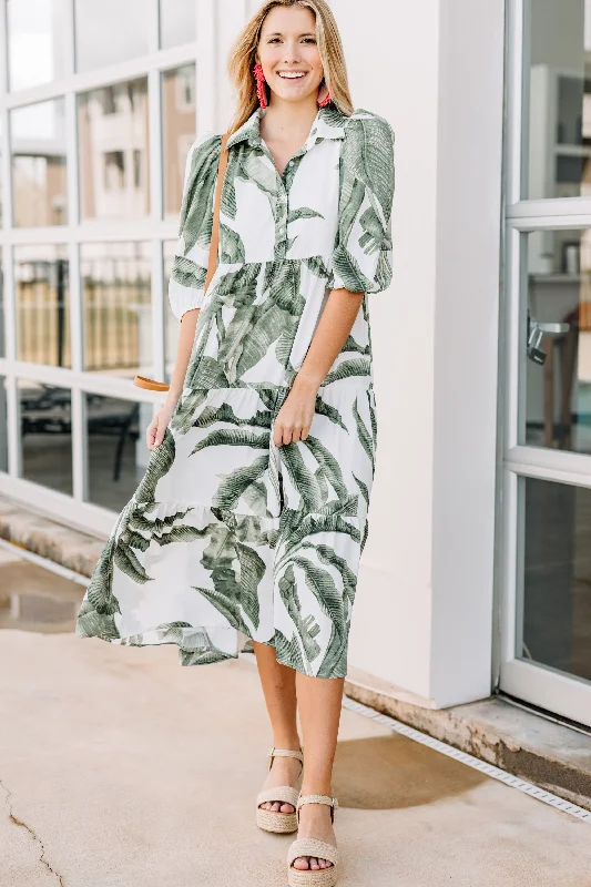 Show Your Heart Green Palm Print Midi Dress