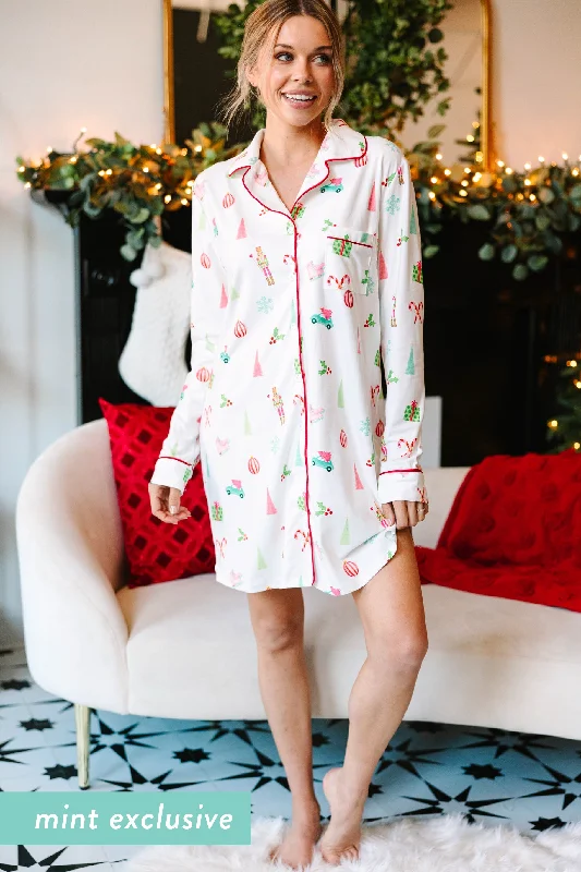 Staying In White Holiday Print Pajama Dress