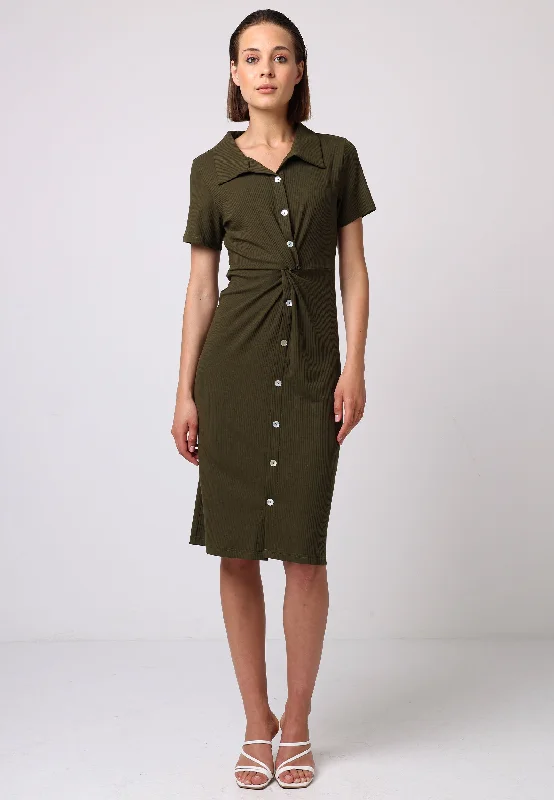 Waist Twist Shirt Dress In Khaki Jersey