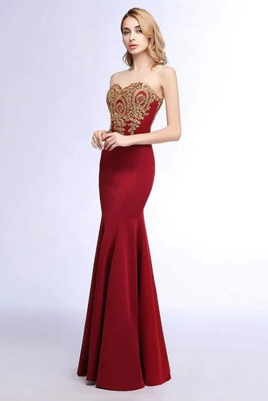 Illusion Backless Lace Mermaid Prom Dress Burgundy Long Evening Gowns