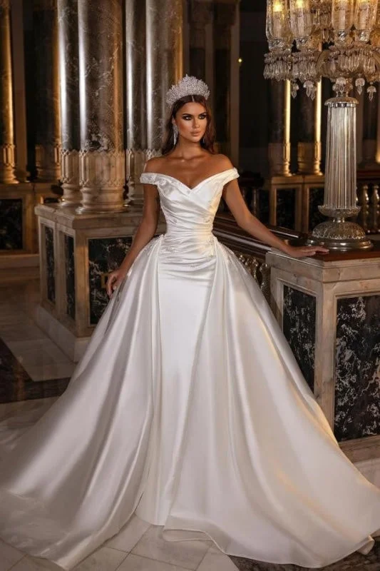 Off-the-Shoulder Satin Wedding Dress with Detachable Sweep Train