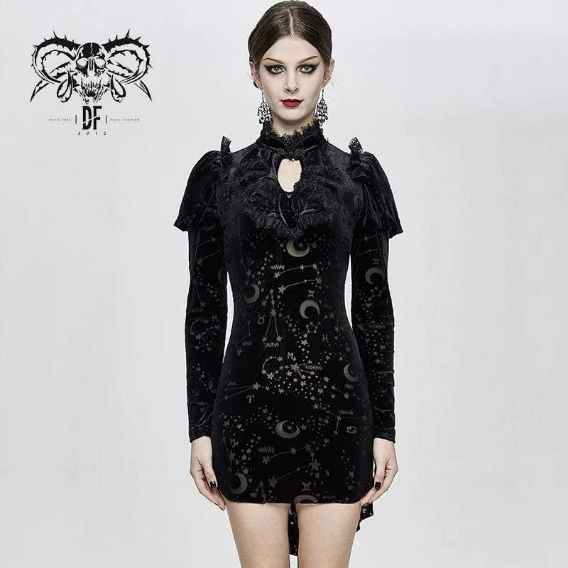 Women's Long Sleeved Before Long After Short Lace-edge Constellation Dresses