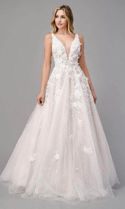 Andrea and Leo - V-Neck Floral Appliqued Bridal Dress A1028W - 1 pc French White in Size 6 Available