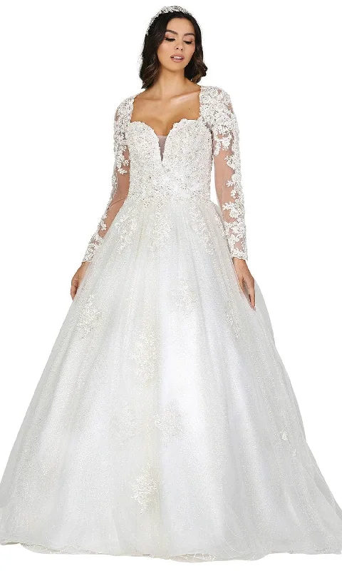 Dancing Queen 0156 - Sheer Long Sleeve Plunging V-Neck Wedding Ballgown