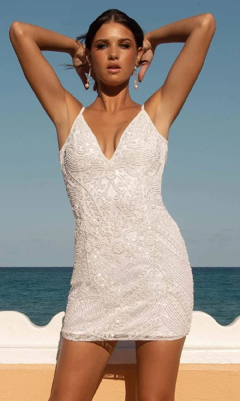 Primavera Bridal - 11036 Plunging V Neckline Sleeveless Short Bridal Dress