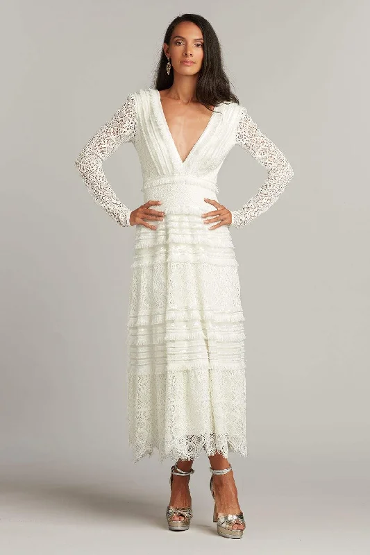 Tadashi Shoji - Long Sleeve Deep V Neck A-Line Dress