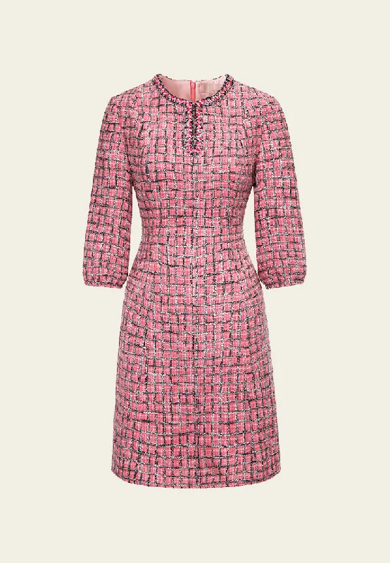 Pink Puff Sleeve Tweed Midi Dress