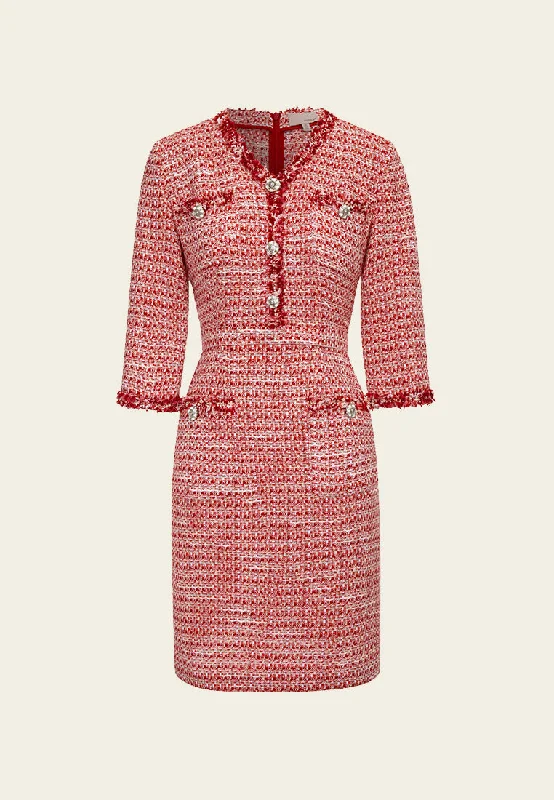 Signature Red V-neck Tweed Midi Dress