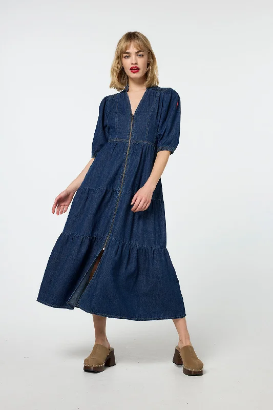 Authentic Indigo Zip Detail Tiered Midi Denim Dress