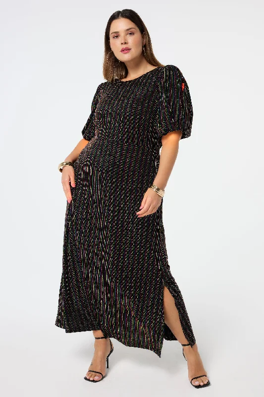 Black with Rainbow Lurex Stripe Puff Sleeve Midi Dress