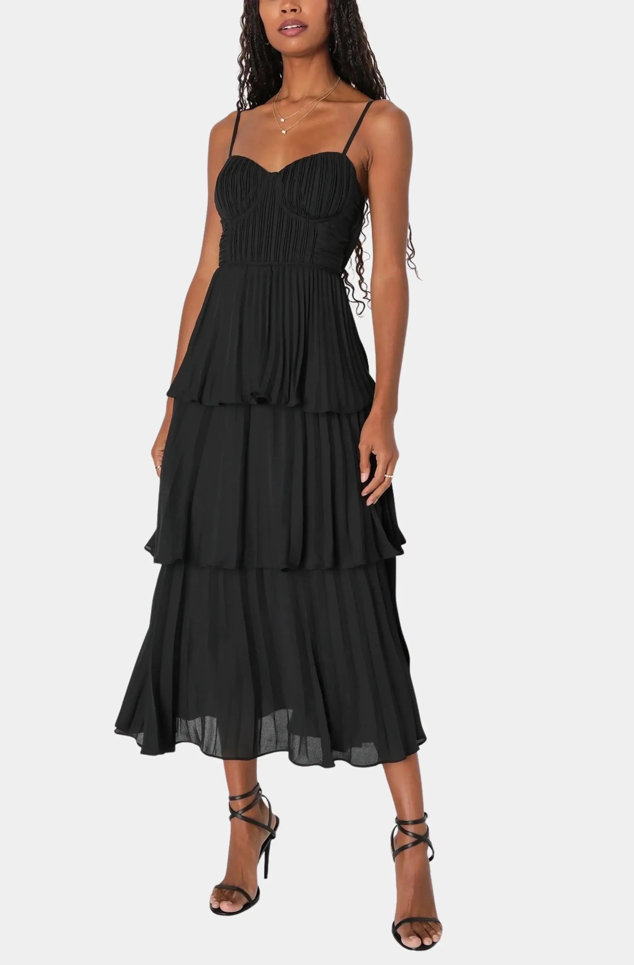 Cascading Crush Black Tiered Midi Dress