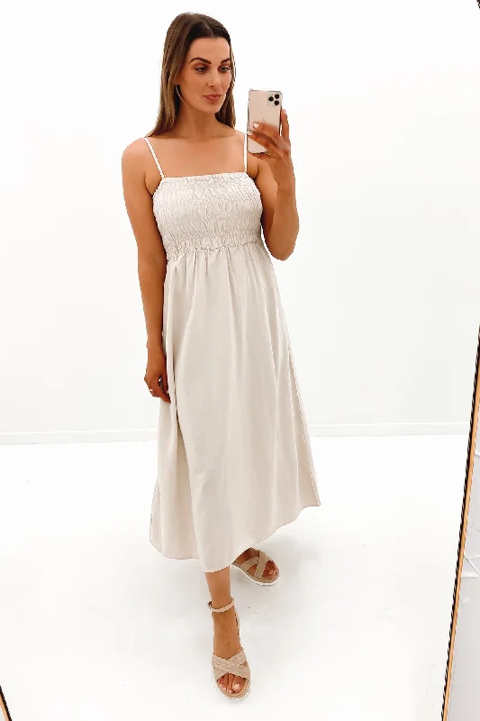 Classic Shirred Midi Dress Oat