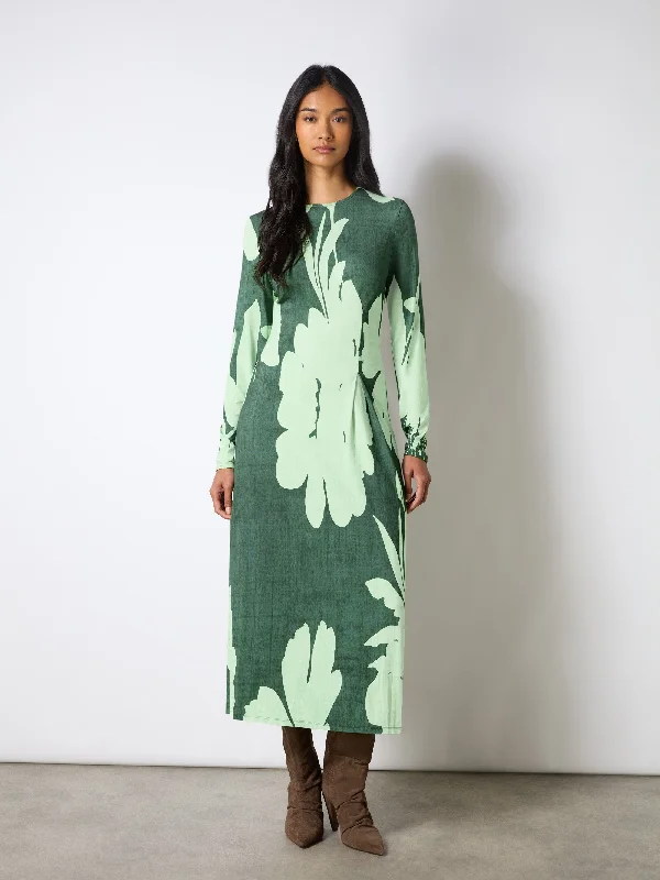 Green Floral Print Jersey Ruched Front Dress