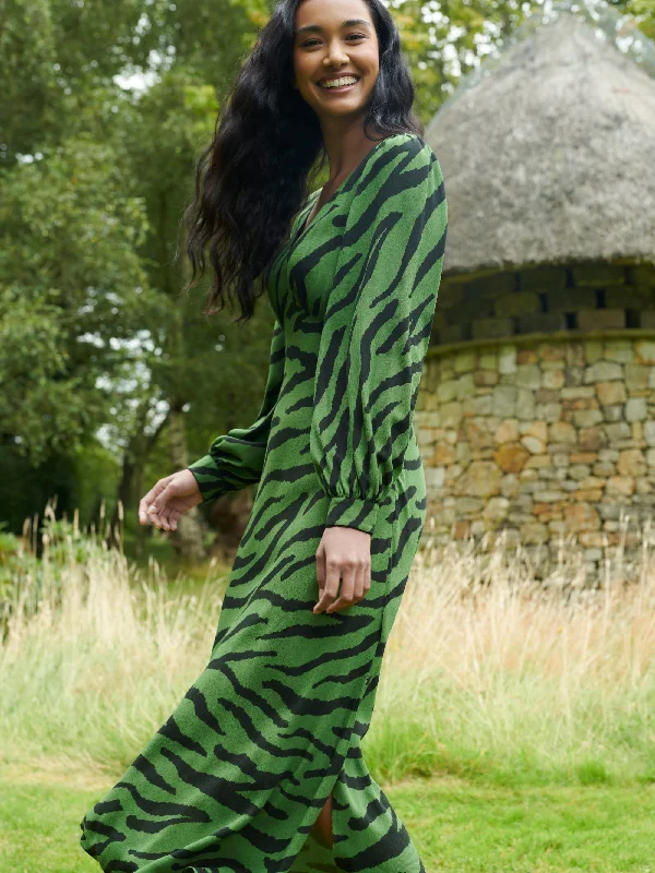 Green Zebra Print V-Neck Midi Dress