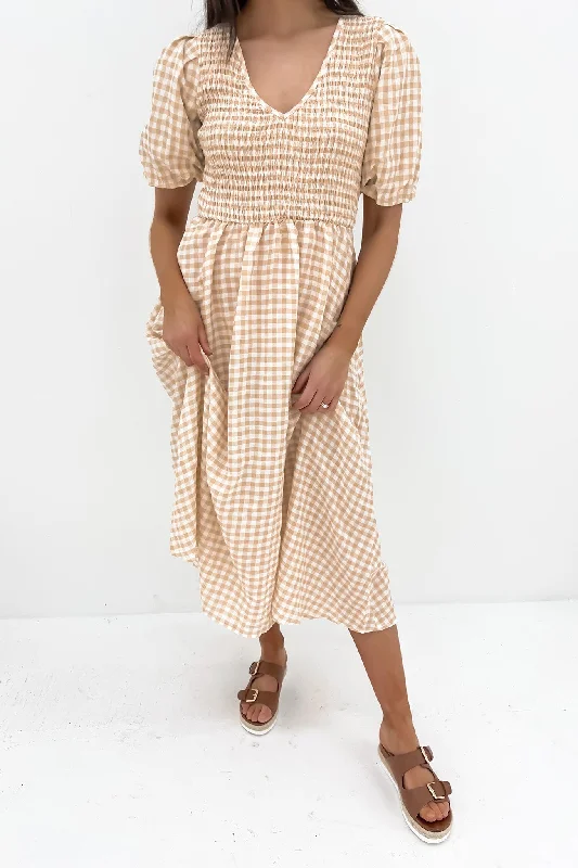 Keisha Midi Dress Beige Gingham