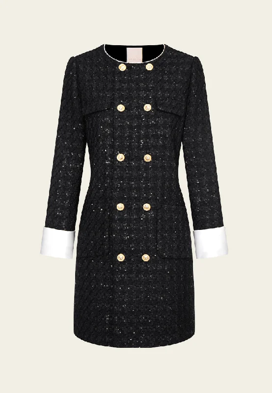 Midi-length Sequin-detail Contrasting-trim Houndstooth Tweed Dress